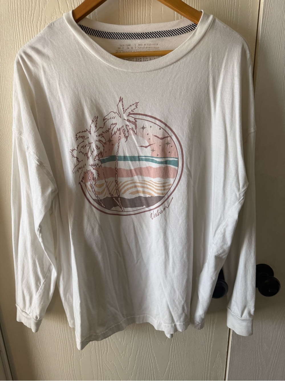 Volcom White Long Sleeve Tee with Pink and Teal Beach Graphic